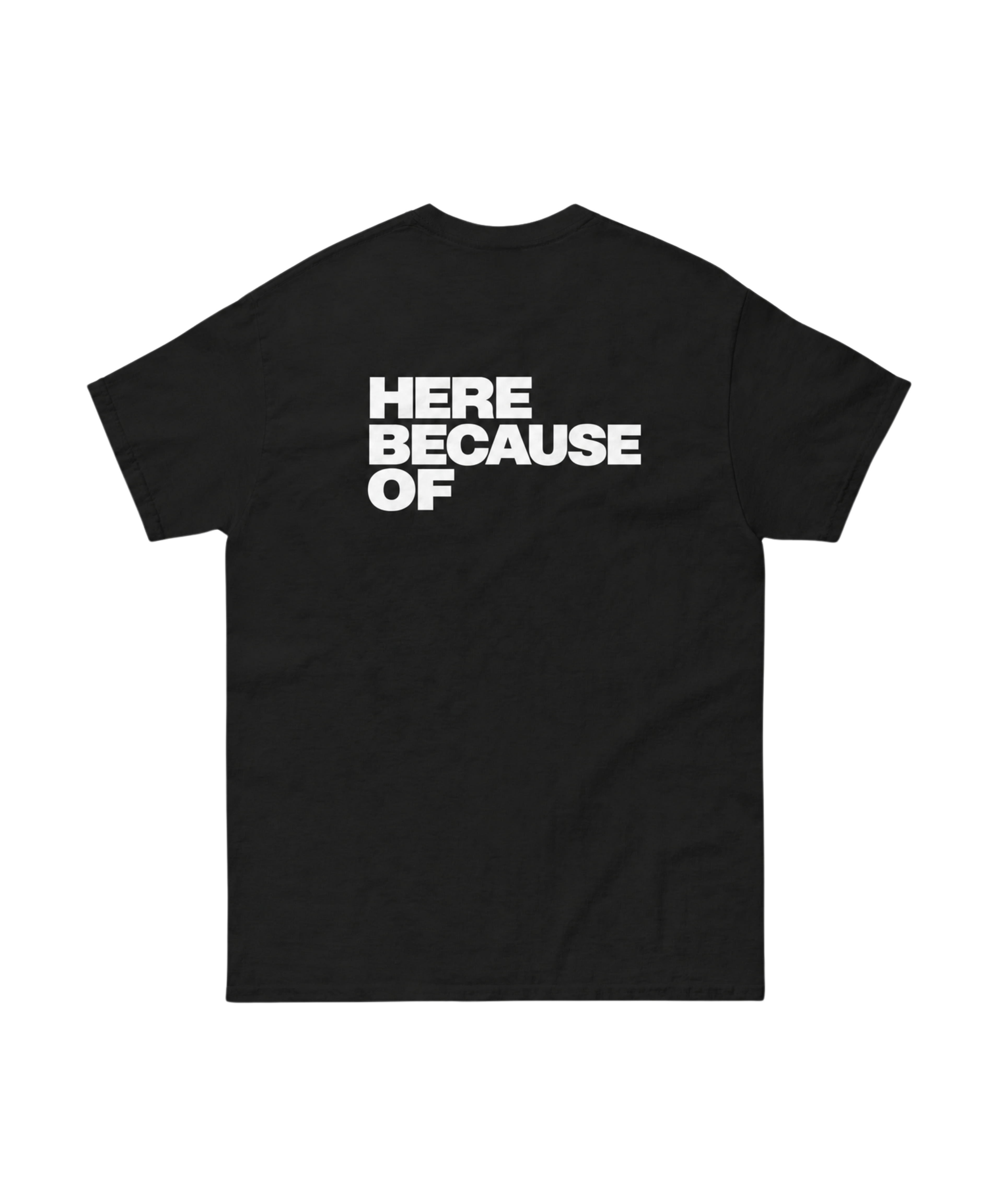 HERE BECAUSE OF — Personalized Tee